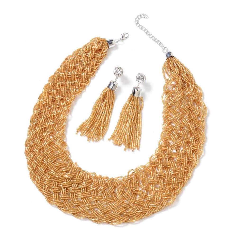 NIP Gold Glass Bead Bib Necklace, Matching Tassel Earrings and Gift/Storage Box